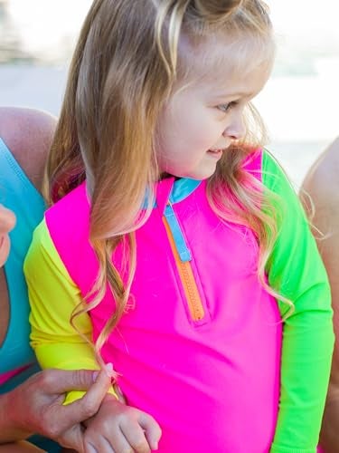 RuffleButts BabyToddler Girls Long Sleeve Rash Guard 2 Piece Swimsuit Set wUPF 50 Sun Protection with Zipper Neon Color Block 3T - Image 3