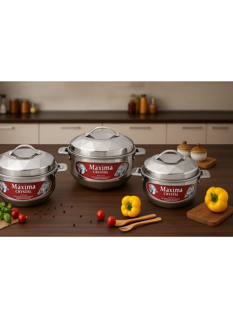 Hot Pot Stainless Steel Food Set, 3 Pieces, Indian Made, Sizes 2.5 L, 1.5 L, 1 L
