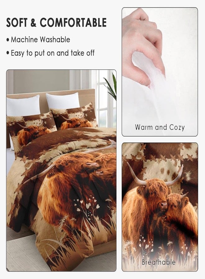WeCozy طقم لحاف WeCozy بحجم كوين مع غطاءين للوسائد، طقم سرير ناعم عتيق من 3 قطع بنقشة بقرة هايلاند بنية اللون، مناسب للأطفال والكبار، طقم لحاف بنقشة حيوانات المزرعة لتزيين غرفة النوم - Image 5