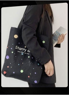 Joychic Foldable Canvas Bag Graphic Printed Large Capacity School Shoulder Bag Lightweight Daily Tote Black  - Image 1