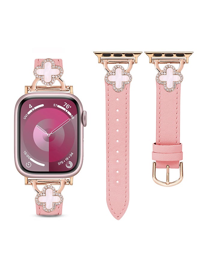 O Ozone Leather Band For Apple Watch Series 10 9 8 7 6 5 4 SE, 38/40/41/42mm Slim Thin Dressy Diamond Strap Four Leaf Clover Bling Cute Band Women- Pink - Image 1