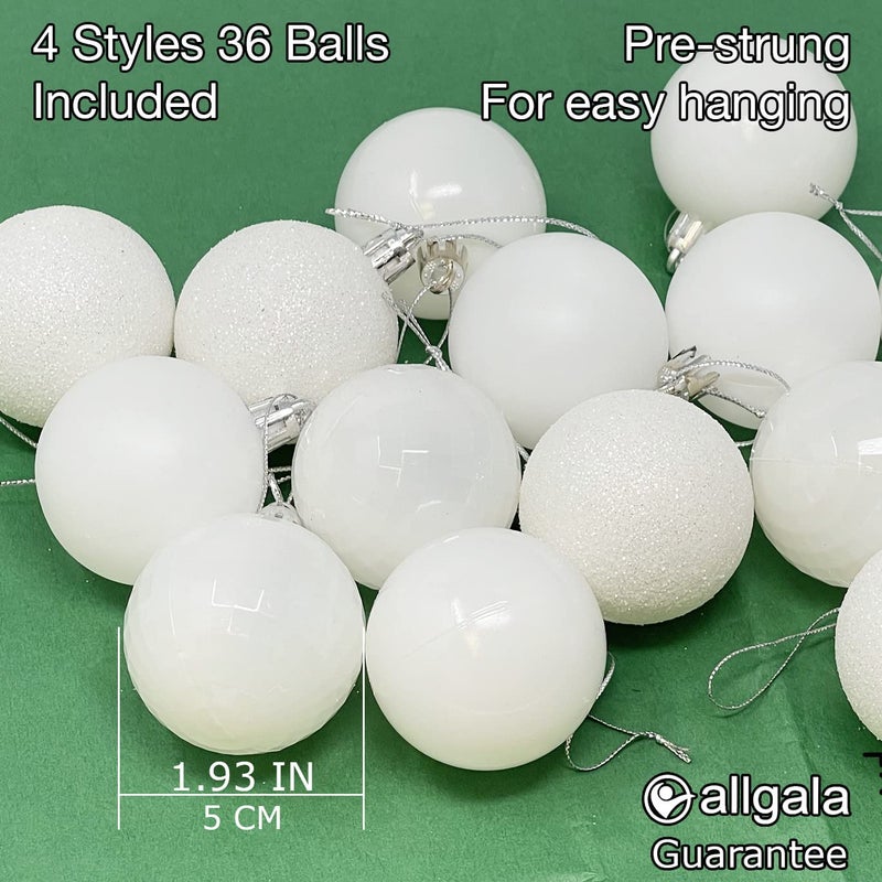 allgala Allgala Christmas Balls 36 PK 2 Inch (5CM) Pre-Strung Shatter Proof Christmas Ornament Balls for Xmas Tree-4 Style-White  - Image 2