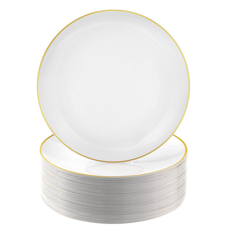 Bestluck 100 PCS Gold and White Plastic Plates, 10 inch White Disposable Plates for Party, Plastic Dinner Plates for Party, Graduation, Birthday, Wedding - Image 1