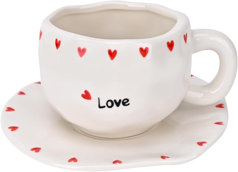 Koythin Ceramic Coffee Mug with Saucer Set, Cute Creative Love Heart Cup Unique Irregular Design for Office and Home, 10 oz/300 ml for Latte Tea Milk - Image 1
