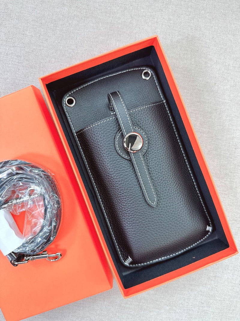 2023 New High-Grade Leather Drawstring Mobile Phone Bag Fashion Contrast Color Vertical Shoulder Crossbody Mini Bag Fashion - Image 1