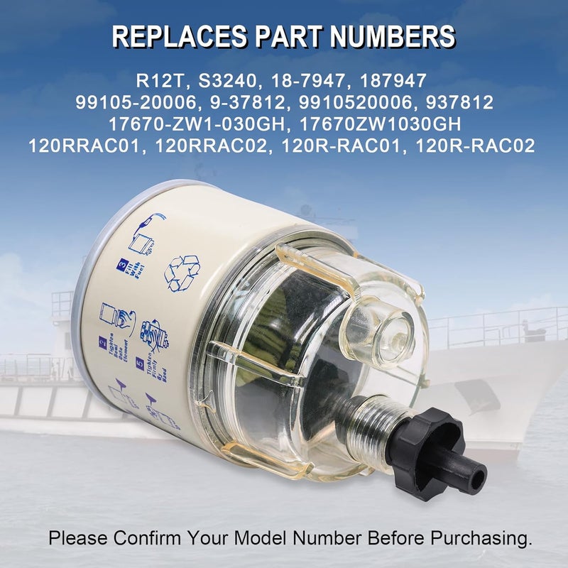 CARMOCAR R12T Fuel Filter and Nylon Collection bowl for R12T Marine 3/8 Inch NPT Outboard Motor Spin-on Housing 120AT NPT ZG1/4-19 R12T,S3240,18-7947 - Image 3