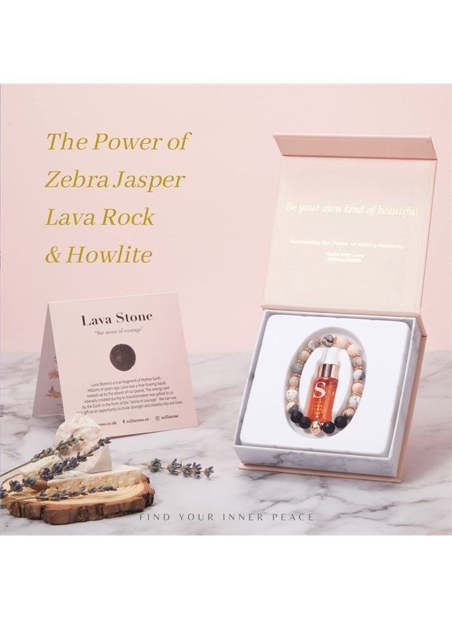 Scilla ROSE Bracelet for Women - Zebra Jasper, Rose Gold Flowers and Lava Rock - Beaded Bracelet and Lavender Essential Oils - Aromatherapy Crystals - Handmade Meditation Accessories - Self Care Gifts for Women  - Image 1