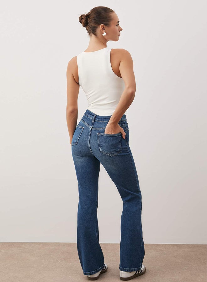 trendyol Dark Blue High Waist Flare Jeans - Image 4