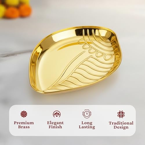 Spillbox Putrika Brass Puja Thali & Shankh Shape Plate - 7.6 Inch Traditional Brass Platter for Puja Room Decoration - Handcrafted Brassware Aarti Plate & Leaf Tray - Ideal for Diwali Decor(60g) - Image 5