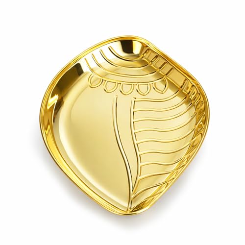 Spillbox Putrika Brass Puja Thali & Shankh Shape Plate - 7.6 Inch Traditional Brass Platter for Puja Room Decoration - Handcrafted Brassware Aarti Plate & Leaf Tray - Ideal for Diwali Decor(60g) - Image 4