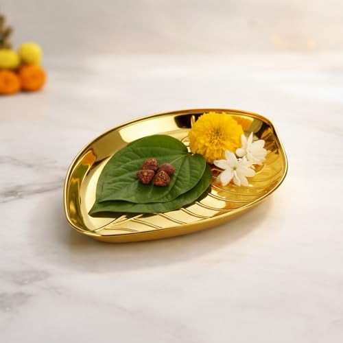 Spillbox Putrika Brass Puja Thali & Shankh Shape Plate - 7.6 Inch Traditional Brass Platter for Puja Room Decoration - Handcrafted Brassware Aarti Plate & Leaf Tray - Ideal for Diwali Decor(60g) - Image 1