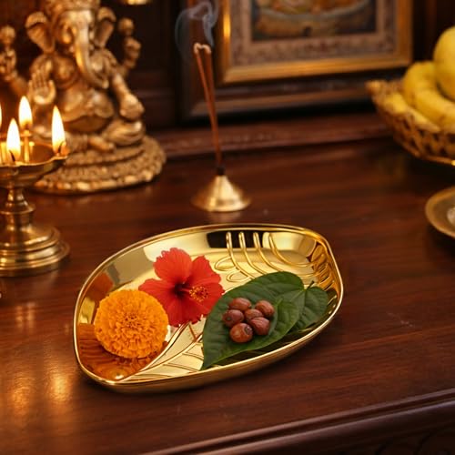 Spillbox Putrika Brass Puja Thali & Shankh Shape Plate - 7.6 Inch Traditional Brass Platter for Puja Room Decoration - Handcrafted Brassware Aarti Plate & Leaf Tray - Ideal for Diwali Decor(60g) - Image 3
