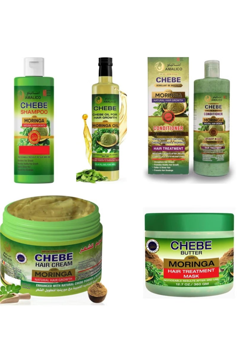 Set Of 5 Pcs Moringa With Chebe Powder For Hair Growth Conditioner 500 ml + Hair Shampoo 500 ml +  Hair Traitment Mask 360 g+ Leave-in Hair Cream 360 g +  2 in 1 Moringa Hair Oil 130 ml