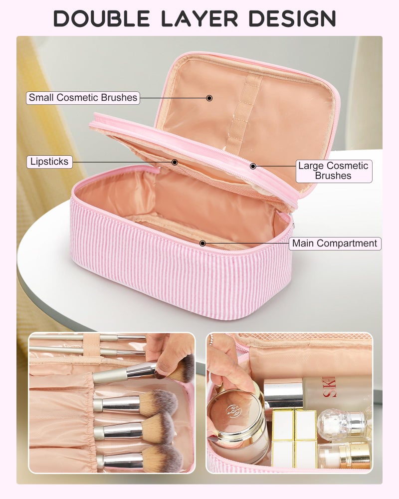 Relavel Cute Makeup Bag for Girls, Portable Pink Cosmetic Bag, Dual-layer Makeup Pouch with Brush Holder, Multi-Functional Preppy Toiletry Organizer for Travel, Daily Use - Pink Strip - Image 3