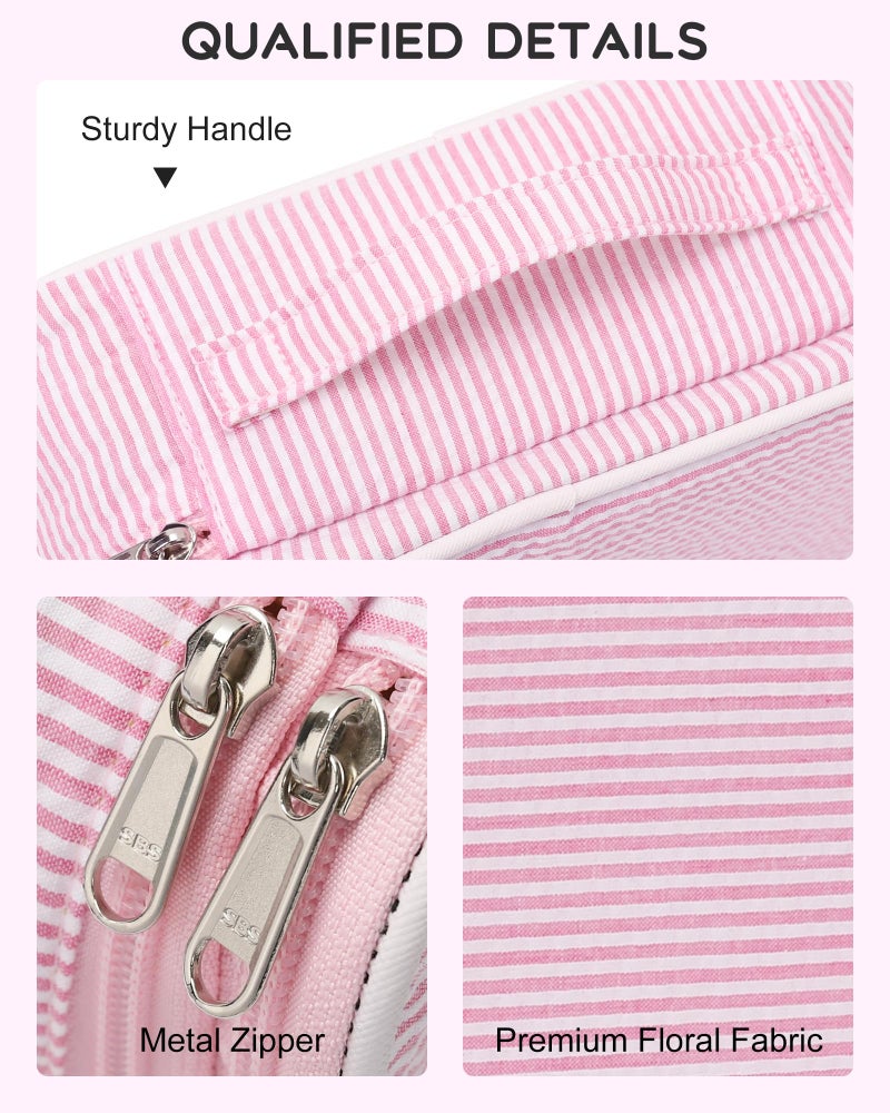 Relavel Cute Makeup Bag for Girls, Portable Pink Cosmetic Bag, Dual-layer Makeup Pouch with Brush Holder, Multi-Functional Preppy Toiletry Organizer for Travel, Daily Use - Pink Strip - Image 4