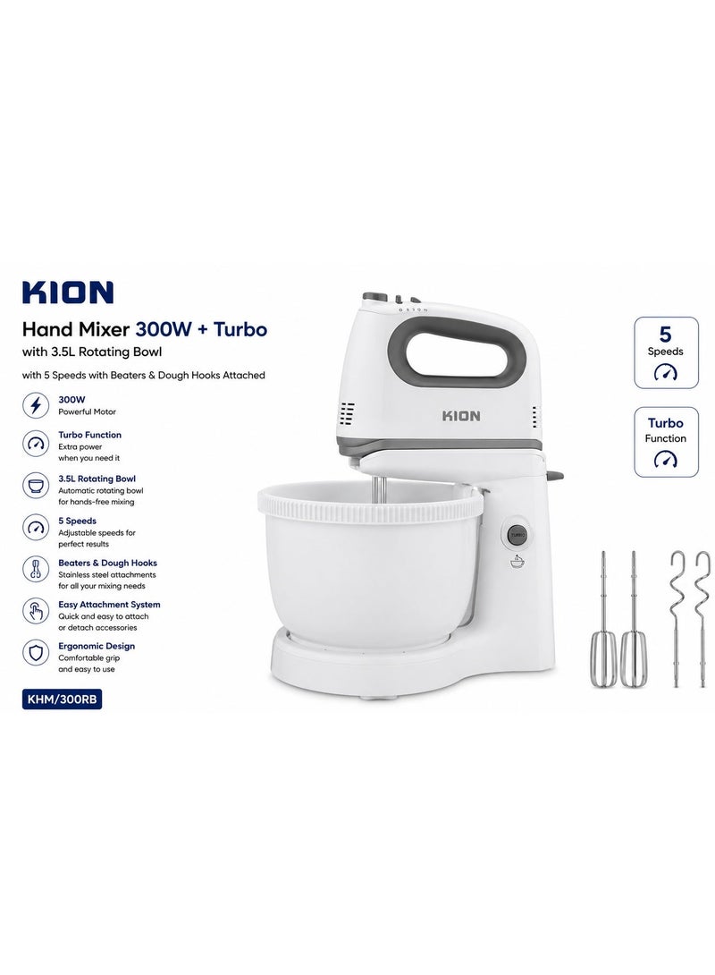 KION 300W Hand Mixer with 3.5L Rotating Bowl, 5 Speeds, Turbo Function, Beaters & Dough Hooks - MHM4035PP00 3.5 L 300 W MHM4035PP00 white - Image 1