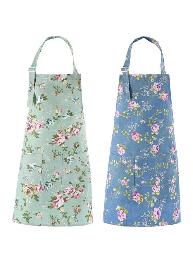 DDJYP HOMKIN Women Kitchen Apron-2 Pack, Cotton Canvas Flower Apron, Floral Pattern Apron with Pockets for Women Chef Apron(Green&Blue) - Image 1