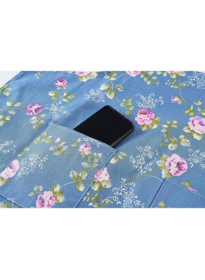 DDJYP HOMKIN Women Kitchen Apron-2 Pack, Cotton Canvas Flower Apron, Floral Pattern Apron with Pockets for Women Chef Apron(Green&Blue) - Image 2
