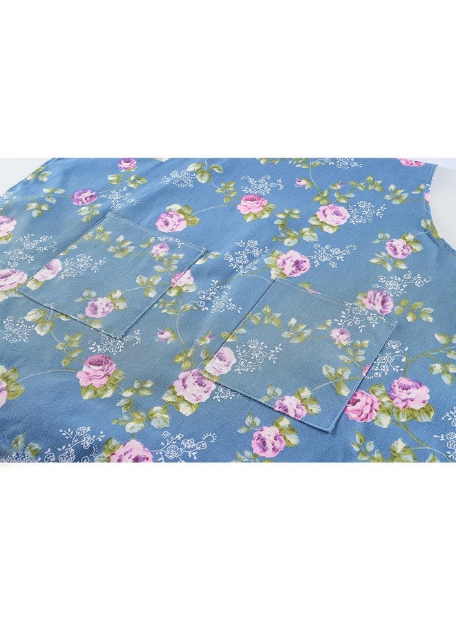 DDJYP HOMKIN Women Kitchen Apron-2 Pack, Cotton Canvas Flower Apron, Floral Pattern Apron with Pockets for Women Chef Apron(Green&Blue) - Image 3