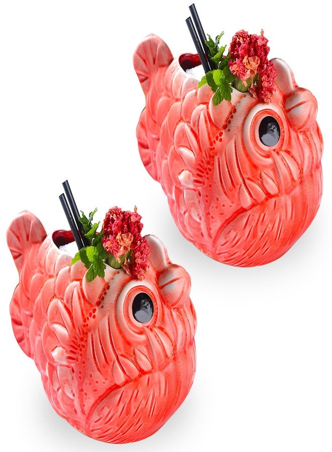 Prefdo Tiki Mugs Cocktail Set of 2 Ceramic Weird Fish Tiki Mugs, Hawaiian Luau Party Mugs, Fun Exotic Cocktail Tiki Cups, Tropical Tiki barware for Party Barware, 22oz/650ml - Image 1