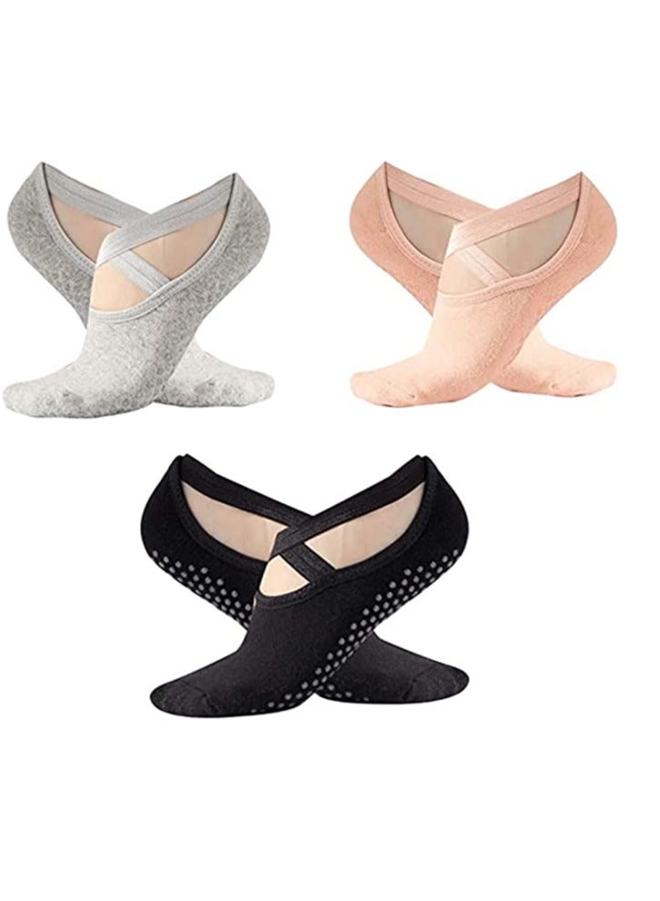 SYOSI Yoga Barre Socks, Non Slip Anti Skid Sticky Silicone Grips Cotton Socks for Yoga Pilates Gym Pure Ballet Dance Barefoot Workout, Ankle Multiuse Socks, Black Grey Skin Color 3Pcs - Image 1