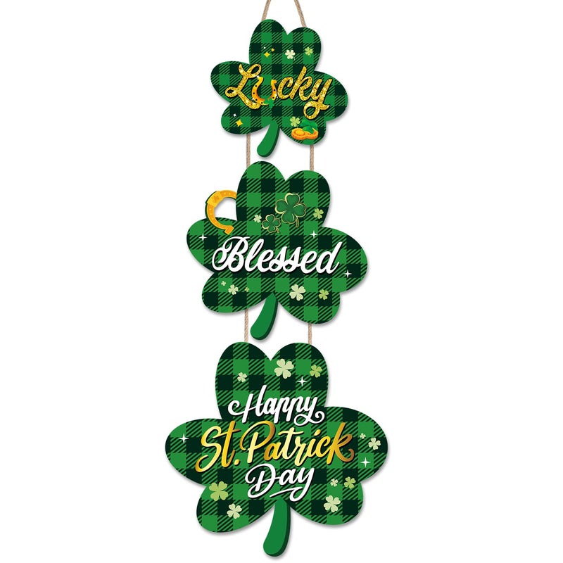 Biswiter St Patricks Day Door Decorations, Shamrock Shaped Hanging Sign for St. Patrick's Day Decor, St. Patricks Day Shamrock Wreaths for Front Door, St Patty's Day Decorations Indoor Outdoor - Image 1