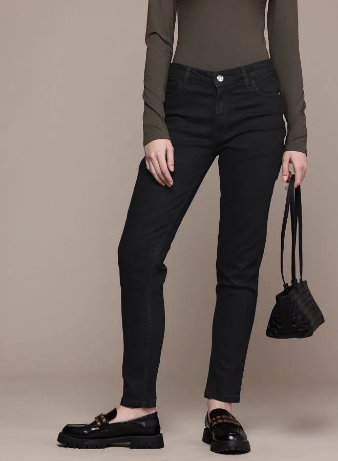 Women Slim Fit Solid Mid Rise Jeans