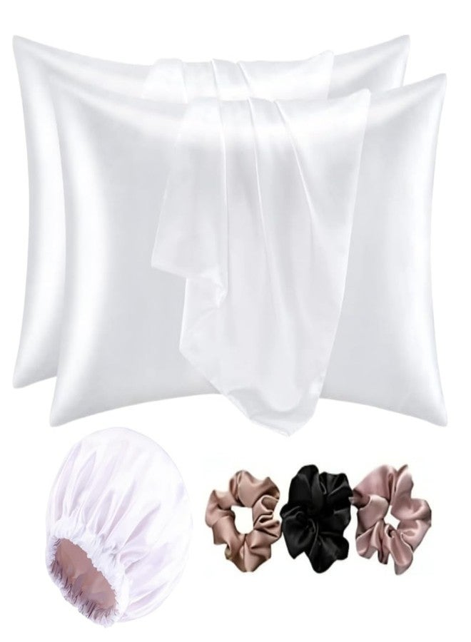 Go well Satin Bonnet for Curly Hair with Free Silk Satin Pillow Covers and Scrunchies | Silk Bonnet for Hair|Best Gift Combo of Pack of 2 Satin Pillowcases with 3 Silk Scrunchies HairCap (white) - Image 1