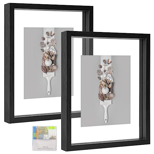 MUYE 8x10 Floating Frames Set of 2,Double Glass Picture Frame Display Any Size Photo up to 8x10,Wall Mount or Tabletop Standing,Black - Image 1