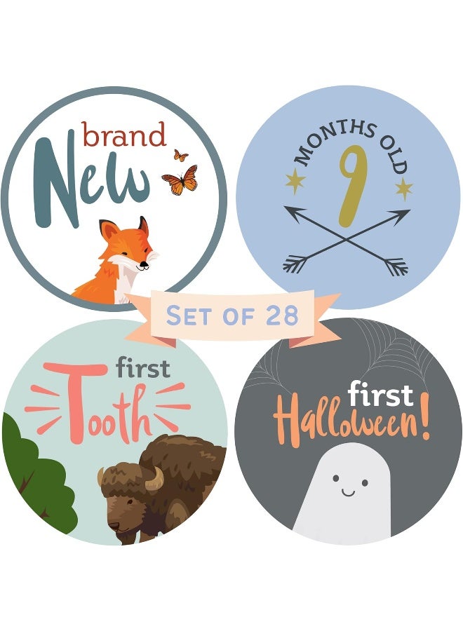 RubyRoo Baby ملصقات milestones للأطفال من RubyRoo - ملصقات شهور للأطفال الذكور - 28 حزمة - تشمل 12 شهراً، milestones للسنة الأولى وأول عطلات - هدية مثالية لحفلات استقبال المواليد وأعياد ميلاد المواليد الجدد (غابة) - Image 1