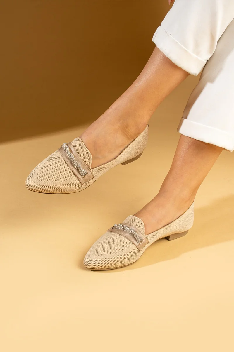 Pembe Potin Pink Booties Stone Buckle Knitwear Comfort Sole Women's Ballerinas 001-23-24KETEN