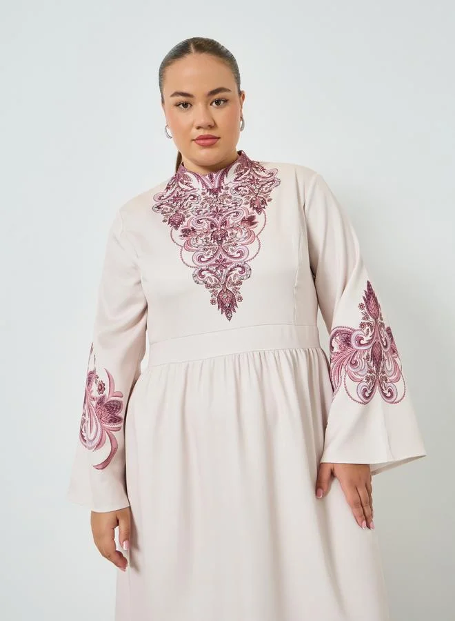 Styli Plus Size Beige Floral Long Sleeves A-Line Maxi Dress