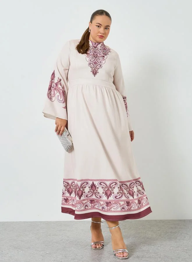 Styli Plus Size Beige Floral Long Sleeves A-Line Maxi Dress