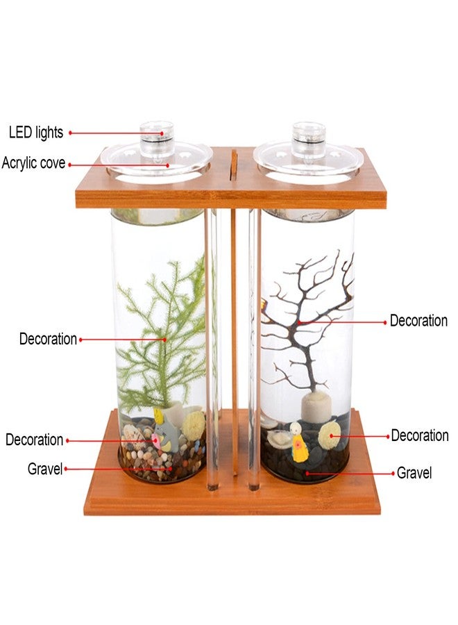 WUPYI Acrylic Mini Fish Tank,Creative Wood Desktop Mini Aquarium Tank Bowl with LED Light for Goldfish Betta Small Fish Aquarium Small Fish Tank Office Business Home Decor - Image 4