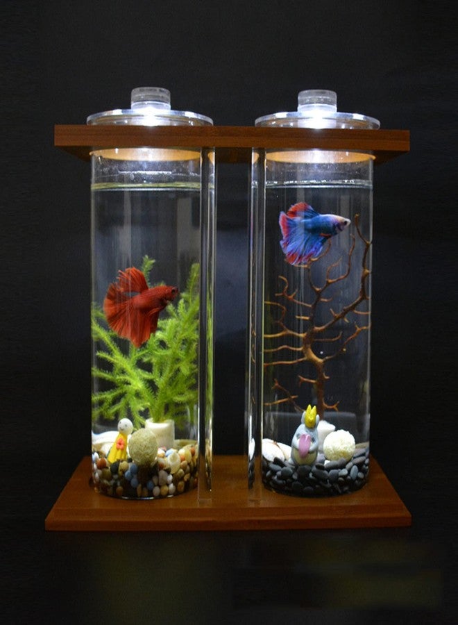 WUPYI Acrylic Mini Fish Tank,Creative Wood Desktop Mini Aquarium Tank Bowl with LED Light for Goldfish Betta Small Fish Aquarium Small Fish Tank Office Business Home Decor - Image 3