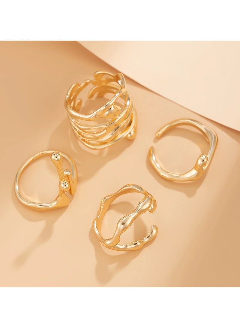 4PCS  Chic Liquid Lava Open Ring Set For Women - Vintage & Minimalist Style, Alloy, Perfect Gift For Friends, Fashionable Party Accessory  （Gold）  - Image 1