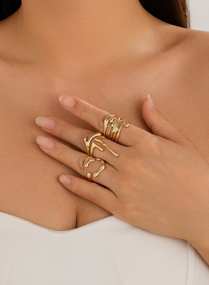 4PCS  Chic Liquid Lava Open Ring Set For Women - Vintage & Minimalist Style, Alloy, Perfect Gift For Friends, Fashionable Party Accessory  （Gold）  - Image 2