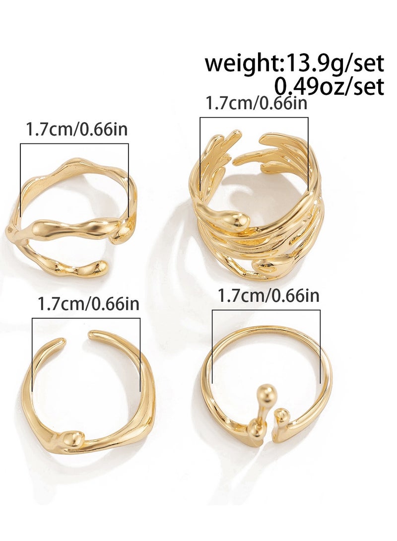 4PCS  Chic Liquid Lava Open Ring Set For Women - Vintage & Minimalist Style, Alloy, Perfect Gift For Friends, Fashionable Party Accessory  （Gold）  - Image 3