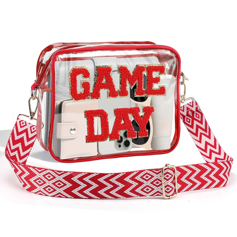 PAMASE Game Day Clear Bag for Stadium Events - 9" x 7" x 2.5" Small Crossbody Purse for Football Fans, with Adjustable Strap & Zipper, for Women Men Sports Events Festivals, Red - Image 1