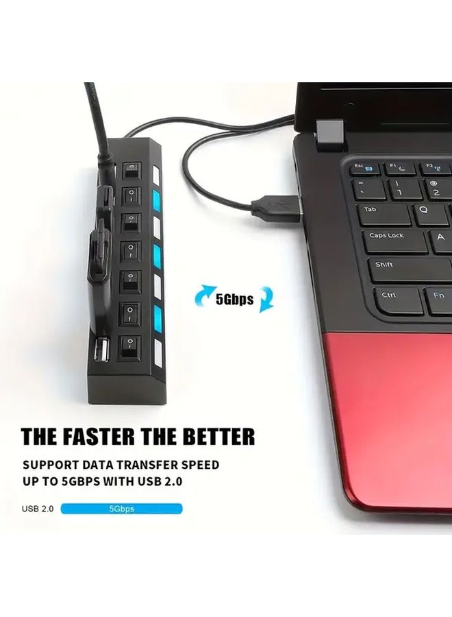 7 Ports Black USB 2 0 Hub High Speed With LED Indicator And Individual Switches - Image 4