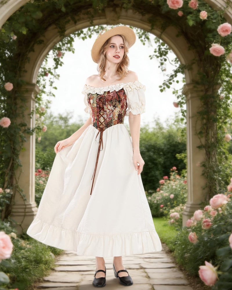 NSPSTT Beige Off Shoulder Short Sleeve Renaissance Dress Women for Ren Faire Medieval Costume, Size XL - Image 3