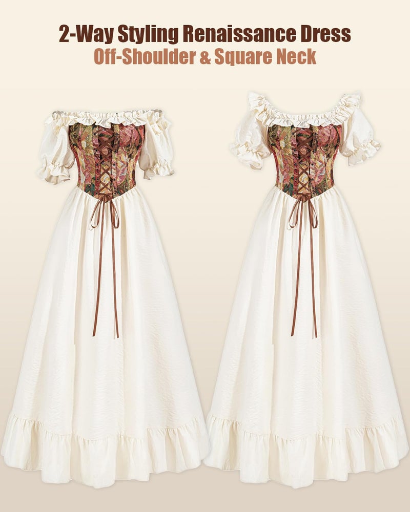 NSPSTT Beige Off Shoulder Short Sleeve Renaissance Dress Women for Ren Faire Medieval Costume, Size XL - Image 2
