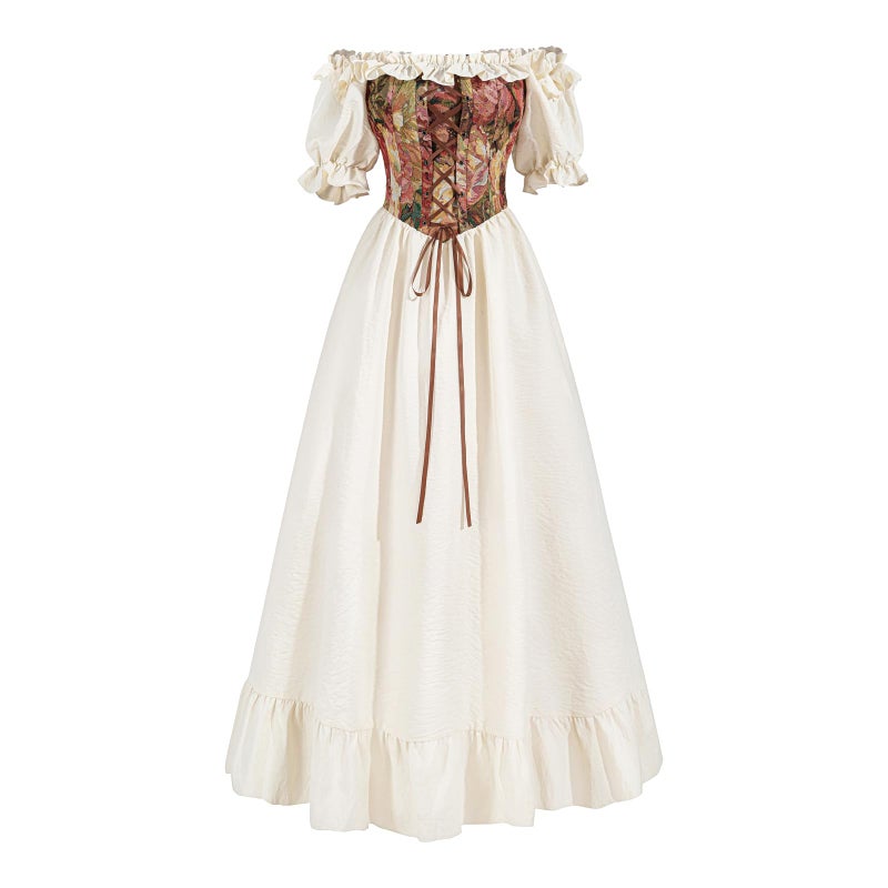 NSPSTT Beige Off Shoulder Short Sleeve Renaissance Dress Women for Ren Faire Medieval Costume, Size XL - Image 1