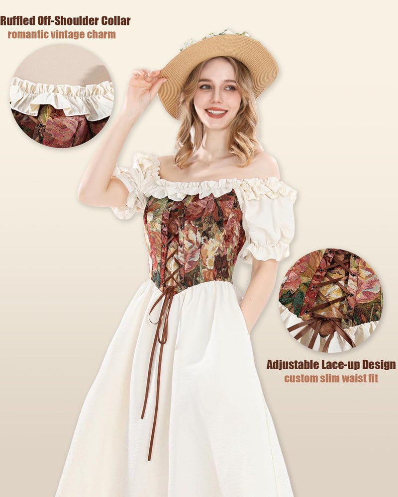 NSPSTT Beige Off Shoulder Short Sleeve Renaissance Dress Women for Ren Faire Medieval Costume, Size XL - Image 4