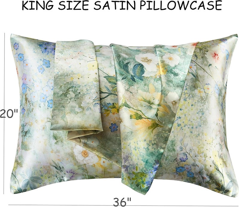 URLINENS غطاء وسادة من الساتان للشعر والبشرة، مشابه لأغطية الوسائد الحريرية مقاس كينغ عبوة من 2، أغطية وسائد ناعمة من الساتان مع إغلاق مغلف، هدايا للنساء، زهرة بالألوان المائية، 20×36 بوصة، قطعتان - Image 3