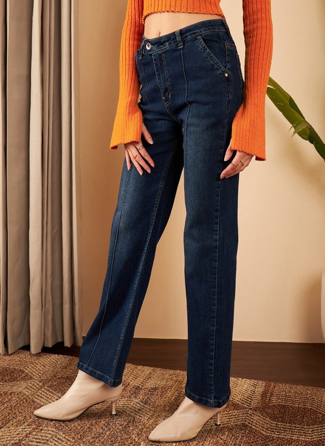STREET 9 Navy Blue Straight Fit High-Rise Jeans for Women - Image 2