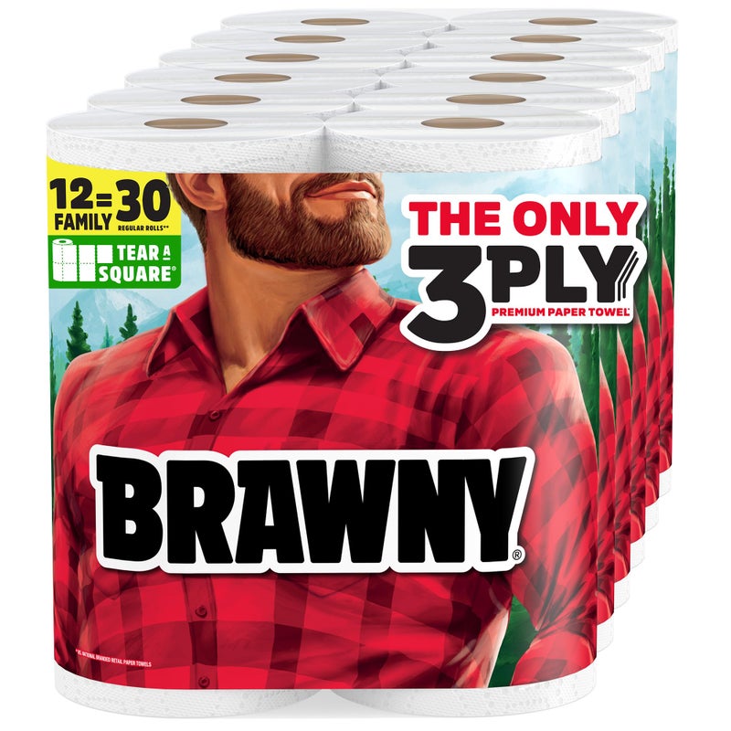 Brawny Tear-A-Square 3-Ply Paper Towels, 12 XL Family Rolls = 30 Regular Rolls, Strong, Absorbent, and Durable with 3 Sheet Sizes (Quarter, Half, Full) - Image 1