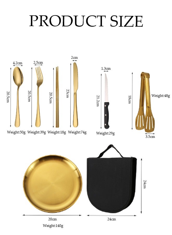 DUNISO 11 Pcs Stainless Steel Camping Cutlery Set, portable outdoor picnic utensil, mirror polished utensil set, with knife, fork, spoon, food clip, chopsticks, plate, utensil bag, suitable for outdoor hiking, picnicking, and barbecue  - Image 3