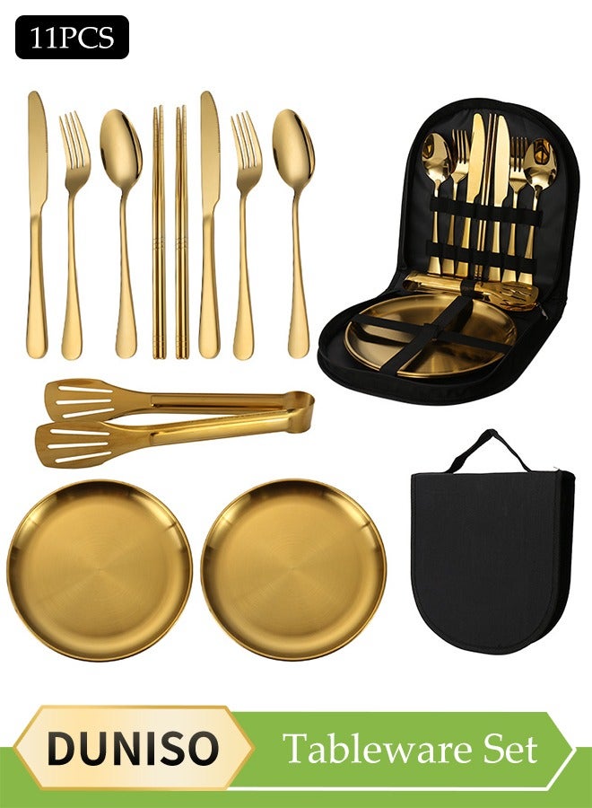 DUNISO 11 Pcs Stainless Steel Camping Cutlery Set, portable outdoor picnic utensil, mirror polished utensil set, with knife, fork, spoon, food clip, chopsticks, plate, utensil bag, suitable for outdoor hiking, picnicking, and barbecue  - Image 1