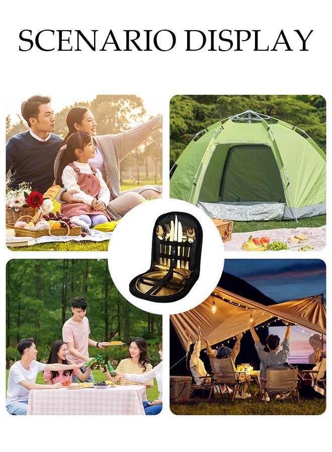 DUNISO 11 Pcs Stainless Steel Camping Cutlery Set, portable outdoor picnic utensil, mirror polished utensil set, with knife, fork, spoon, food clip, chopsticks, plate, utensil bag, suitable for outdoor hiking, picnicking, and barbecue  - Image 2